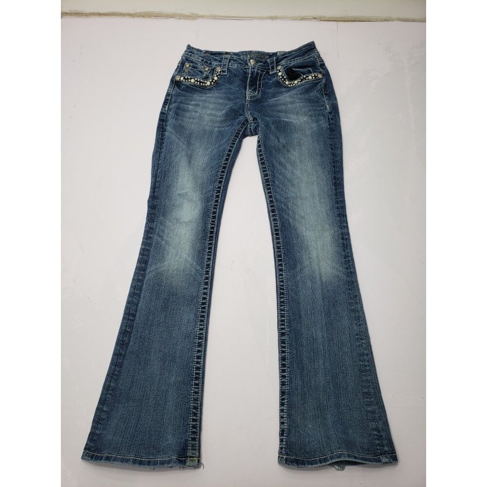 Miss Me MW70608 Women’s Mid-Rise Med Blue Denim Bootcut Embellished Jeans Sz 28